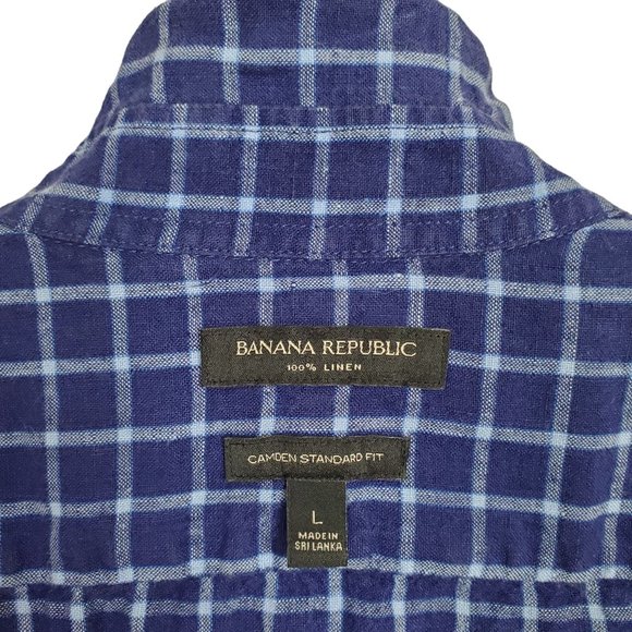 Banana Republic Mens Size L Shirt 100% Linen Camden Standard Fit Windowpane Blue - Picture 8 of 12